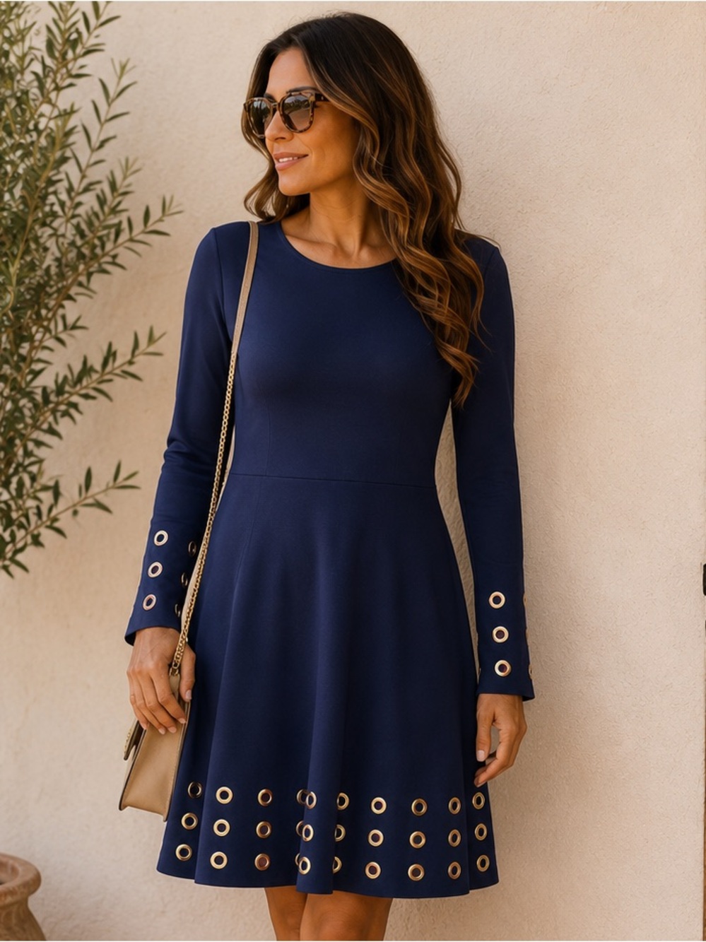 Michael Kors Navy Long-Sleeve A-Line Dress with Gold Eyelet Trim